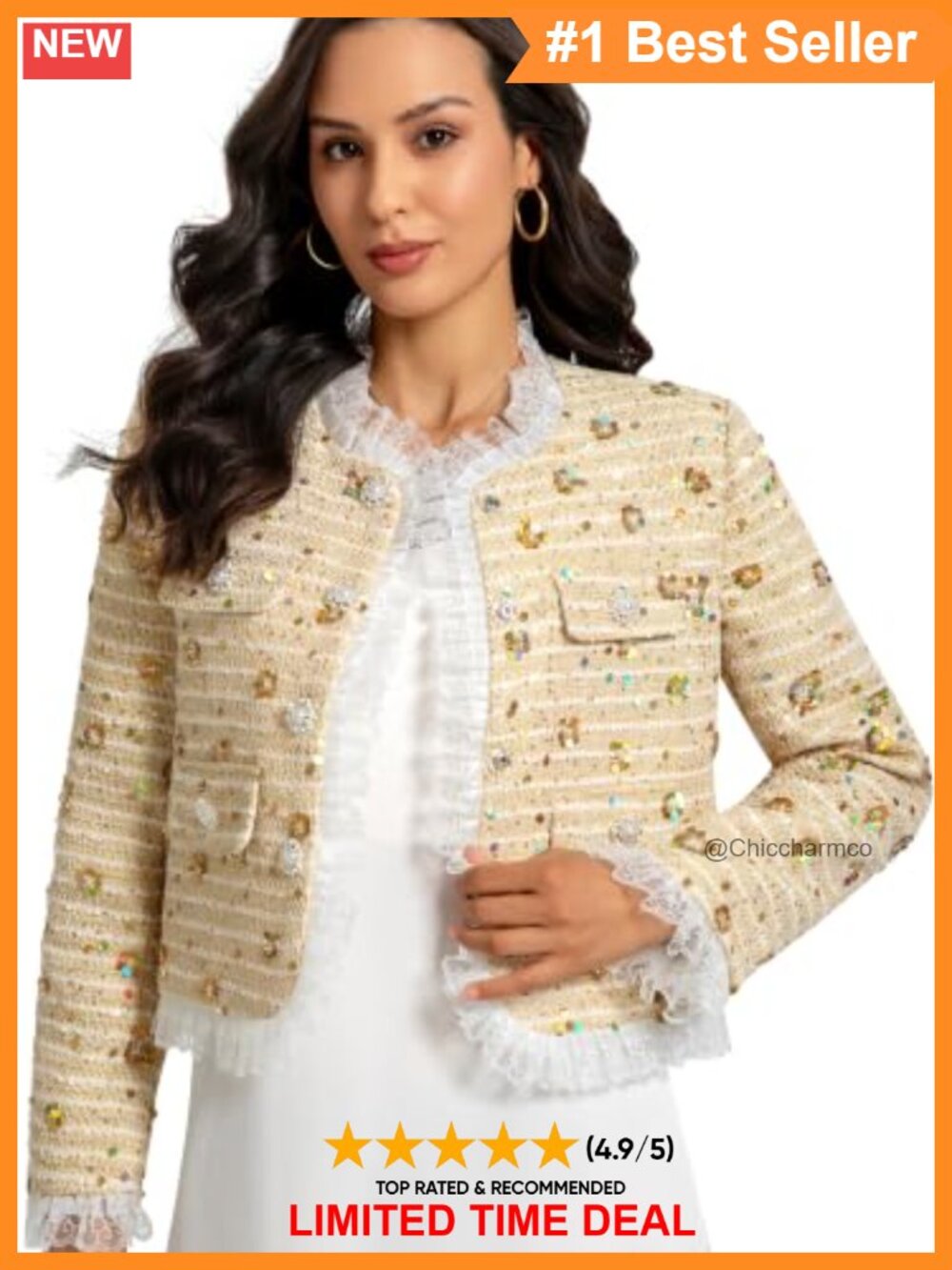 Sequin Tweed Blazer 3D Flower Lace Ruffle Jacket Hand Wash Cropped